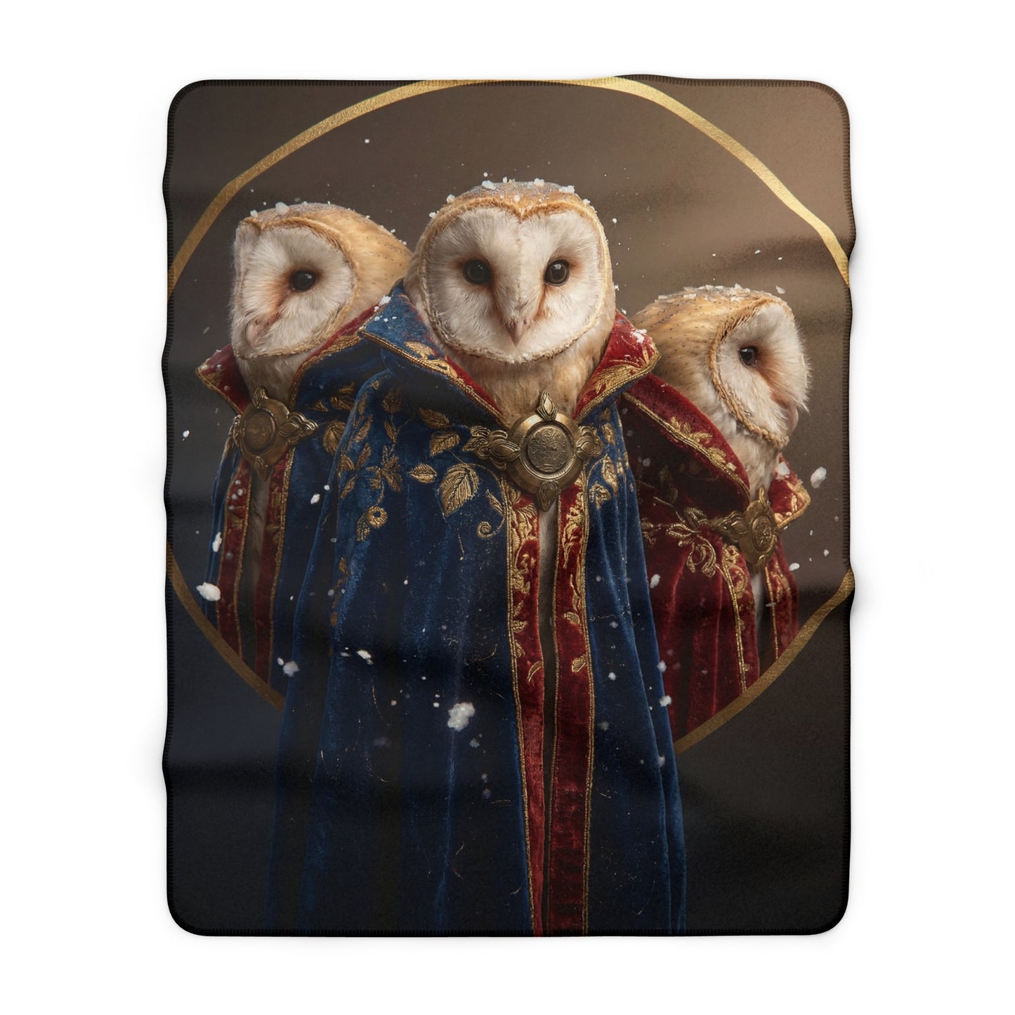 Triple Crown Owls Sherpa Fleece Blanket – Regal Sentinels in Gold and Velvet