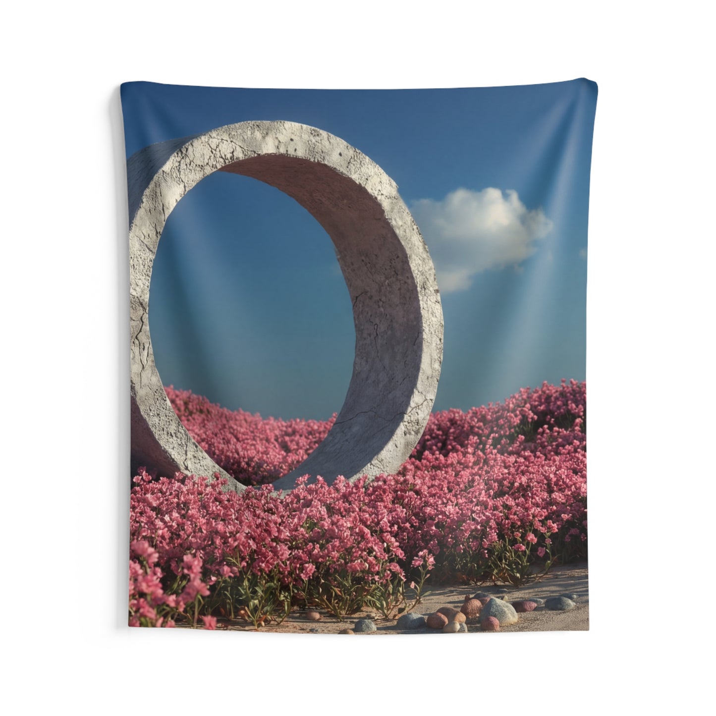 Stone Circle in Pink Bloom Field – Ethereal Gateway Wall Tapestry