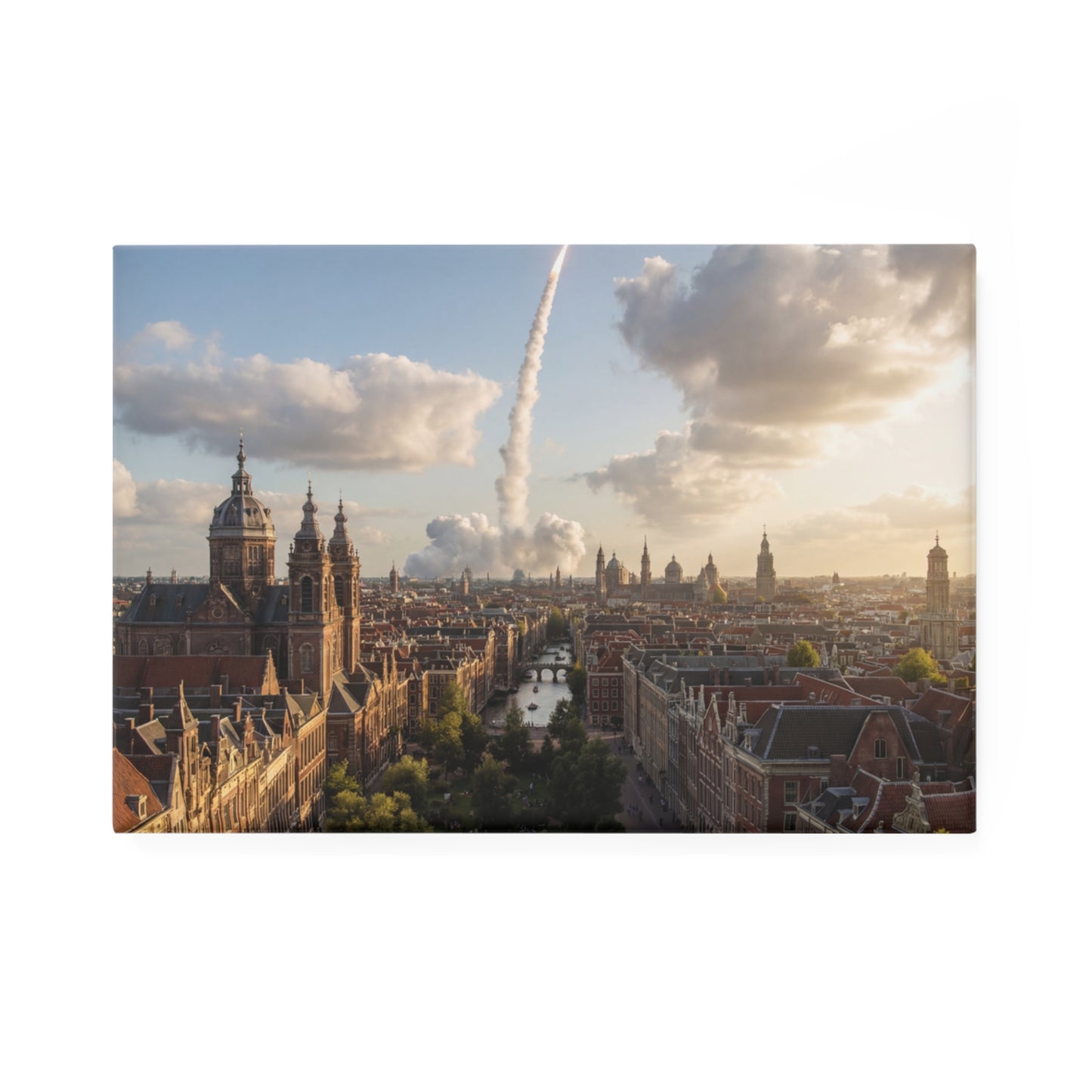 Rocket Over Amsterdam Skyline Button Magnet, Rectangle (1 & 10 pcs) – Dawn’s Silent Ascent Through Brick Canals