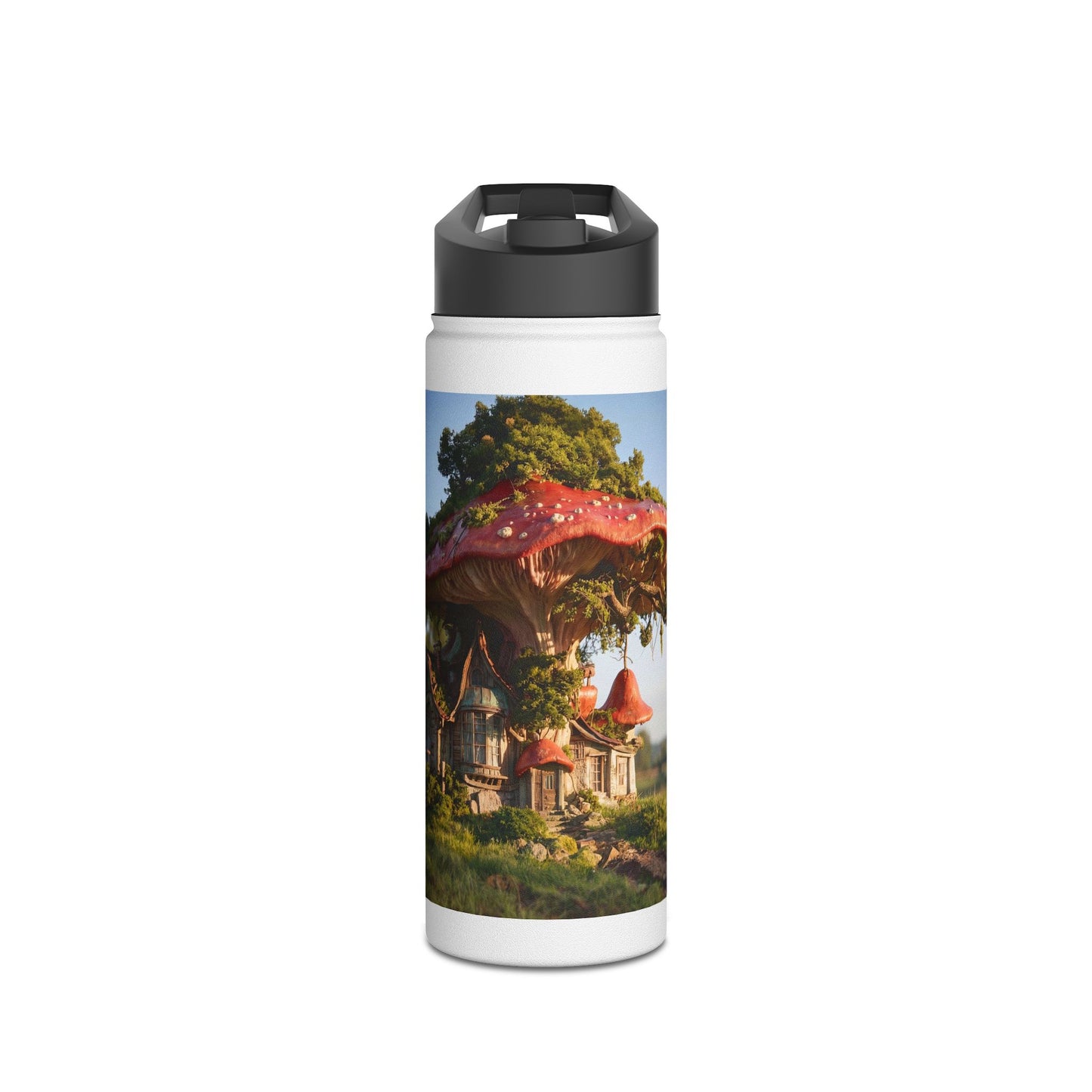 Mushroom Cottage Water Bottle – Red Cap Sanctuary in the Meadow
