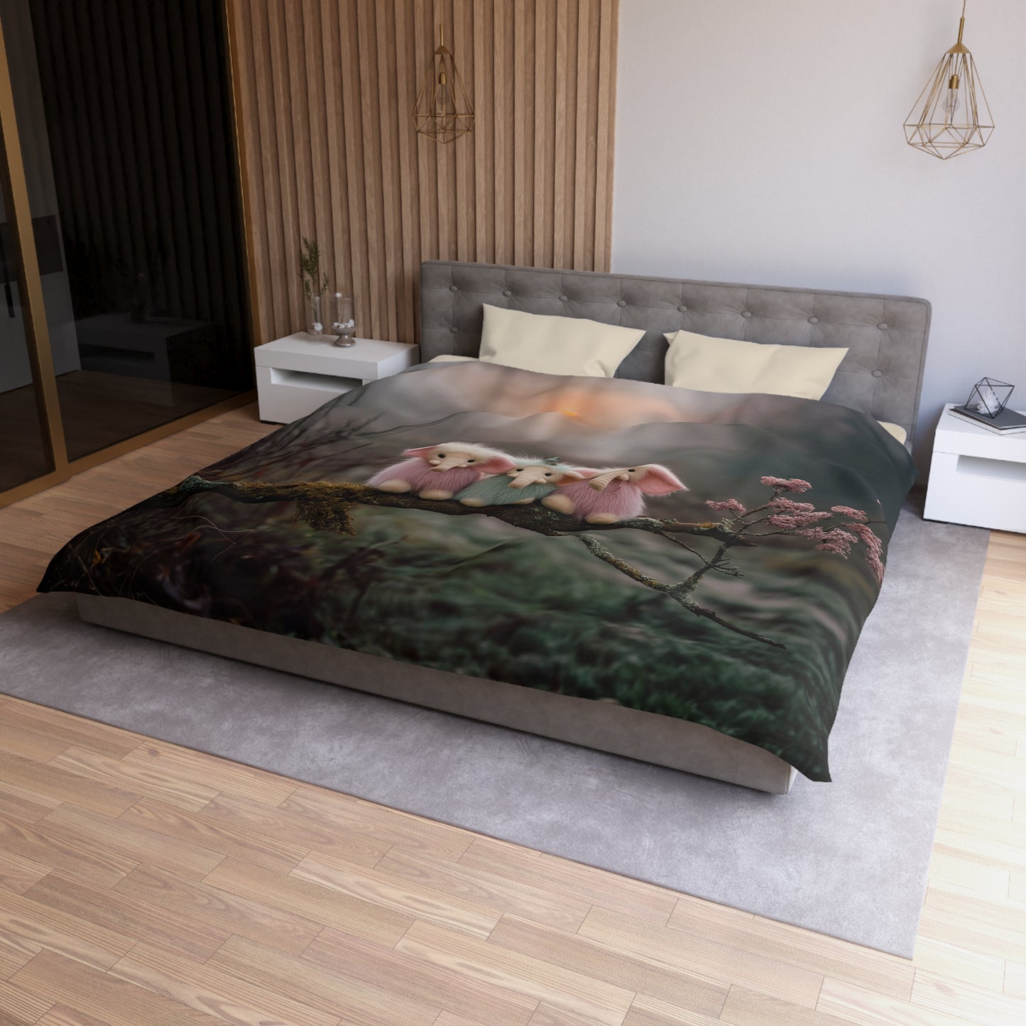 Mossy Branch Elephant Trio Duvet Cover – Pastel Forest Guardians