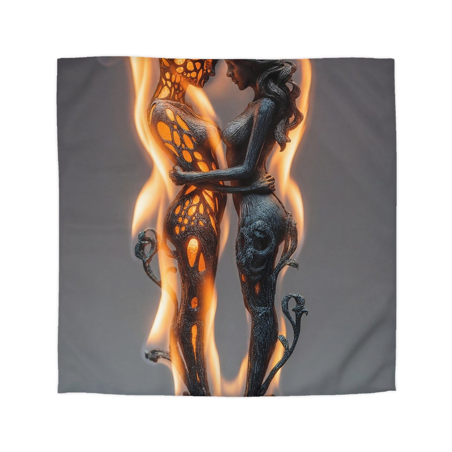 Flame-Embraced Lovers Microfiber Duvet Cover – Intertwined in Gilded Fire