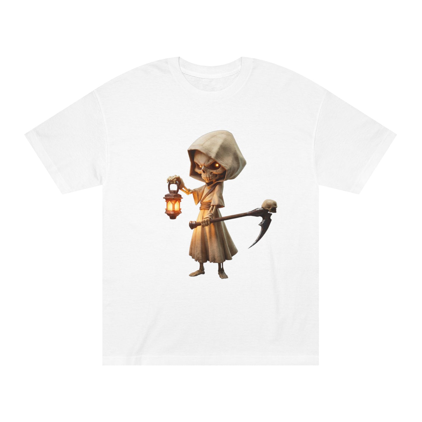 Lantern-Bearing Reaper Unisex Classic Tee – Hooded Guardian with Scythe
