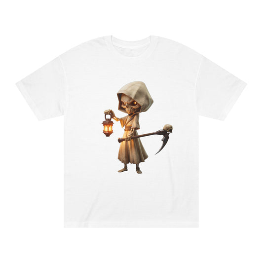 Lantern-Bearing Reaper Unisex Classic Tee – Hooded Guardian with Scythe