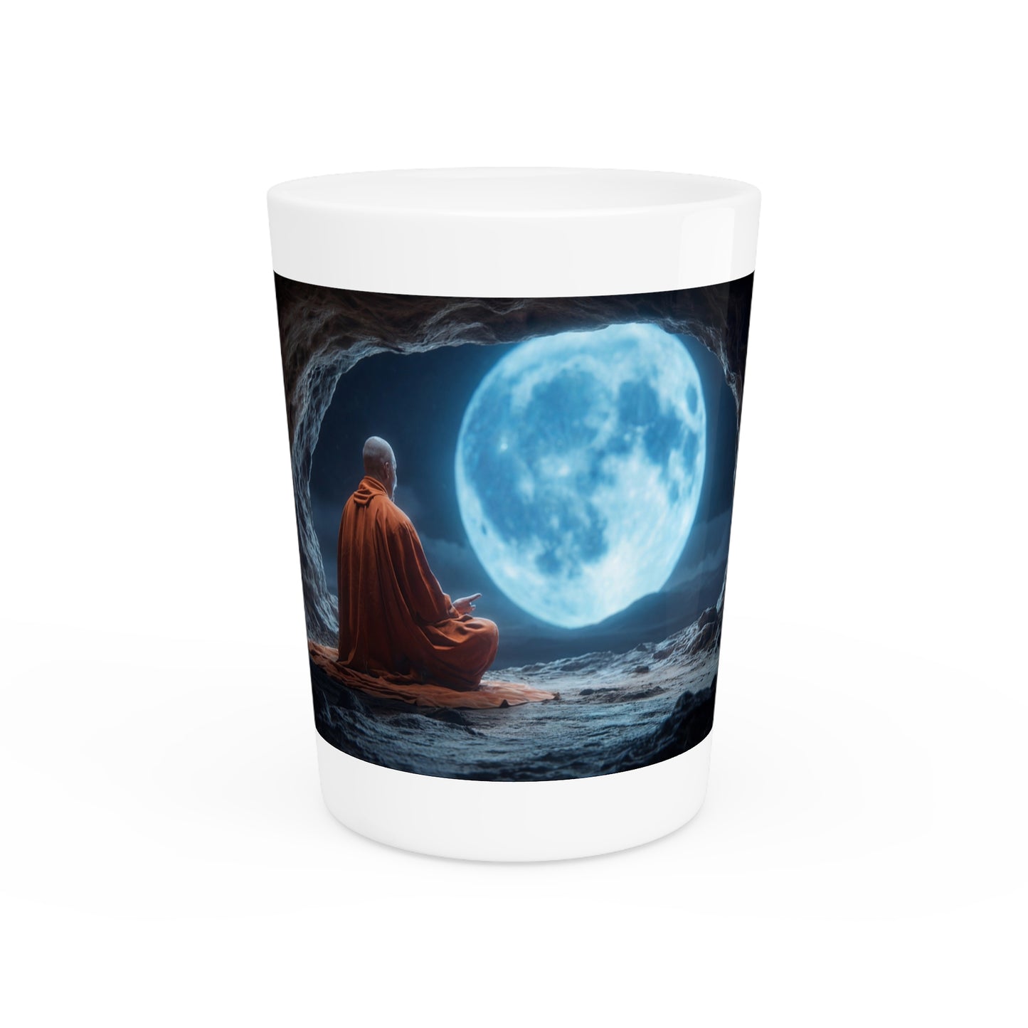 Moonlit Monk Shot Glass – Serene Cave Meditation Scene