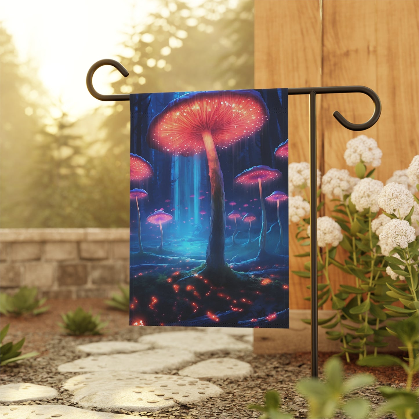 A forest under the glow of bioluminescent fungi, casting an ethereal light across the woodland floor, hyper-realistic, night scene - Garden & House Banner