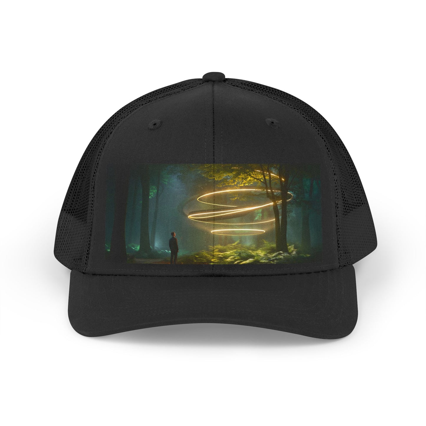 Golden Spiral Trucker Retro Hat – Forest Light Vortex Cap