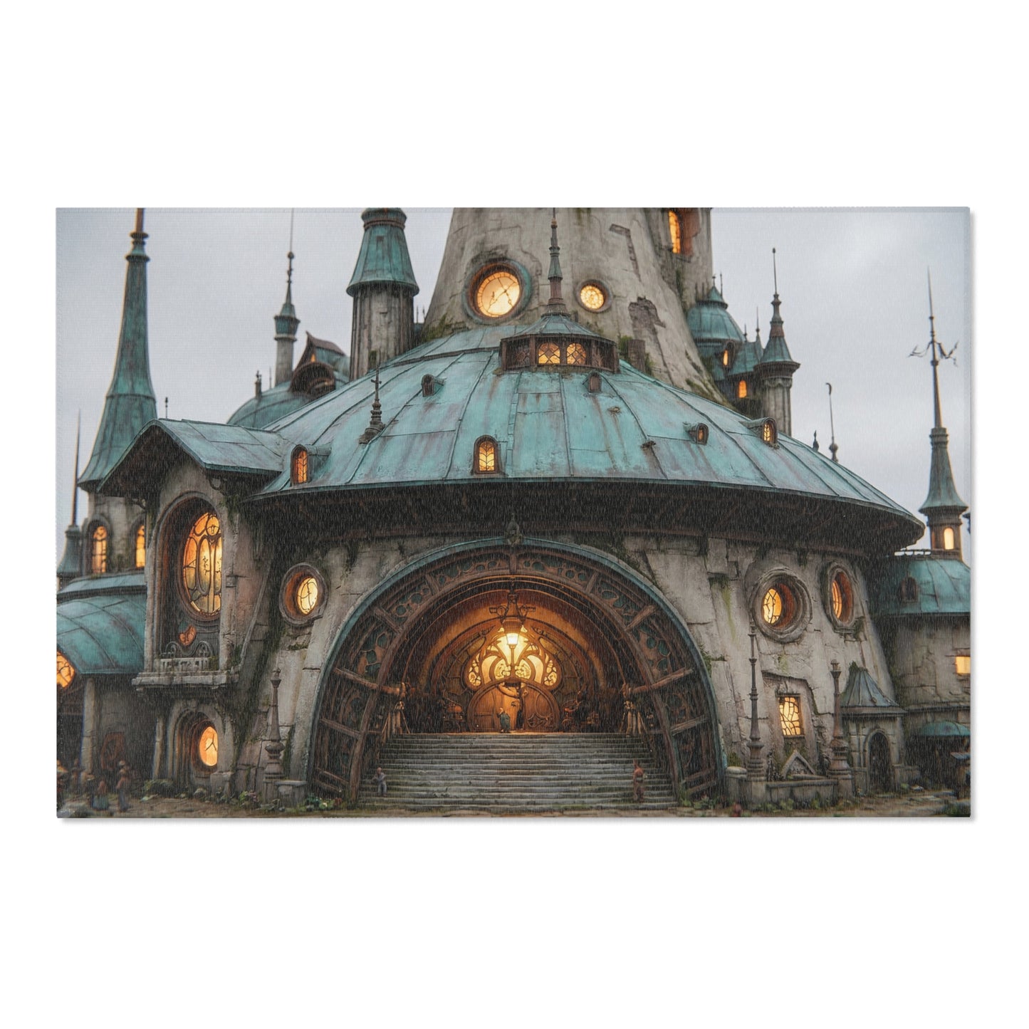 Clockwork Citadel Area Rugs – Twilight Keep with Glowing Windows