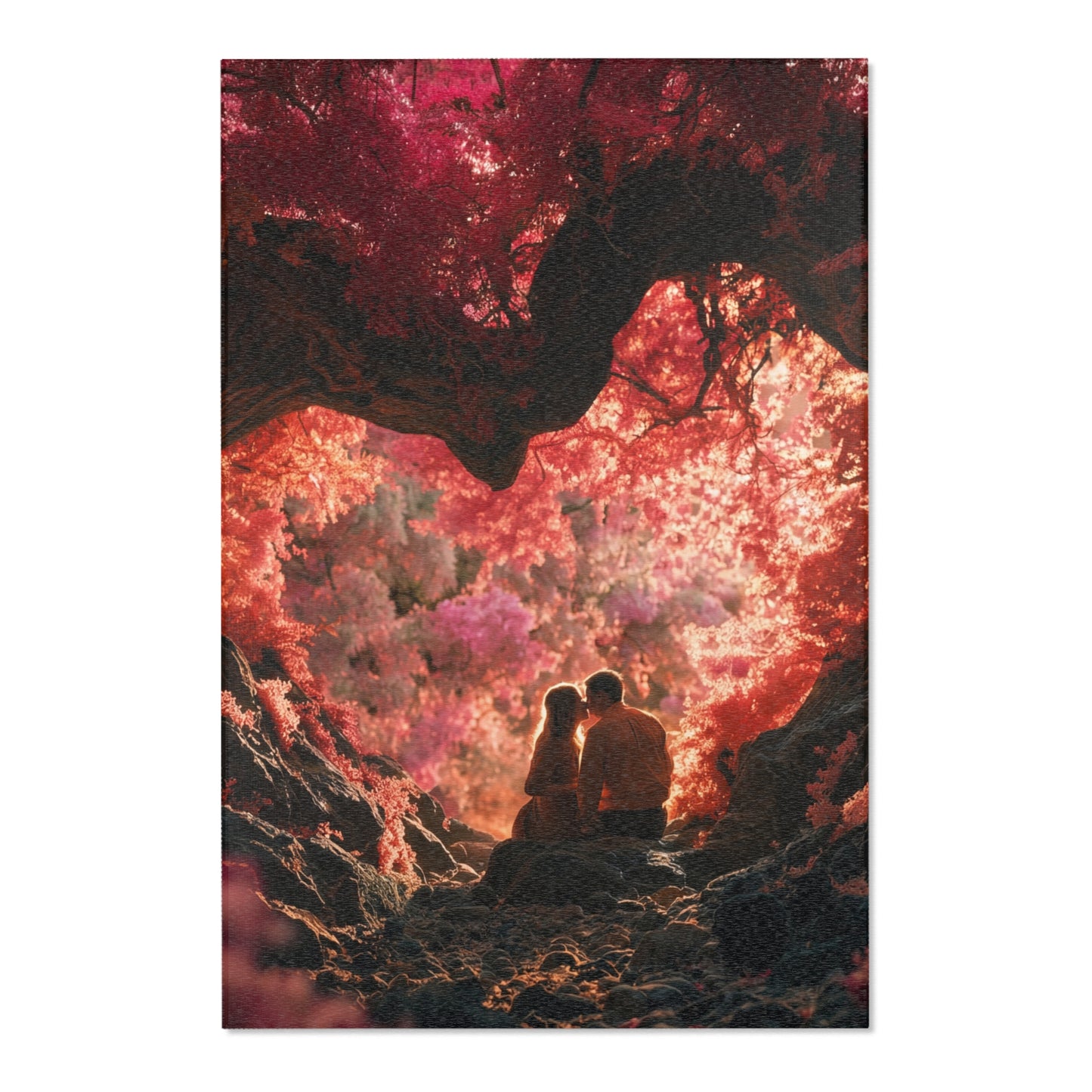Crimson Canopy Love Rug – Sunset Embrace Under Whispering Trees
