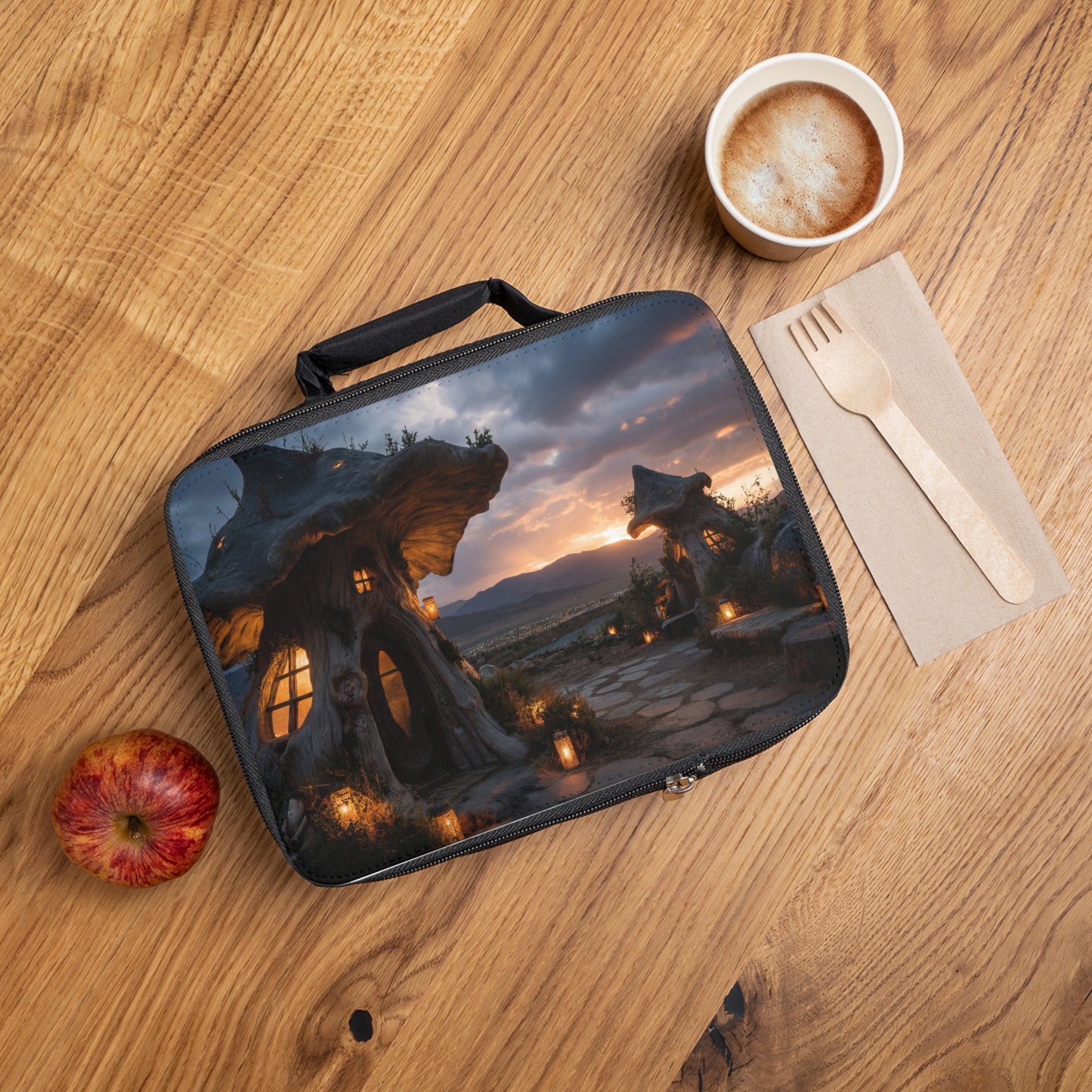 Twilight Mushroom Cottage Lunch Bag – Warm Glow Over Mountain Vista