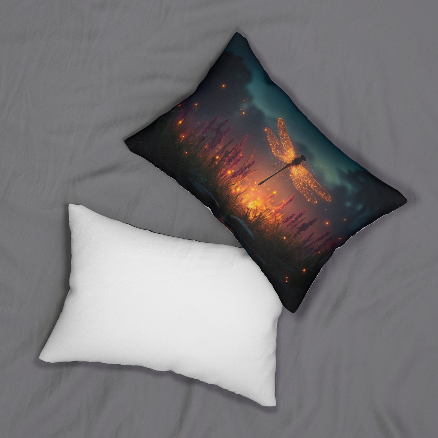 Glowing Dragonfly Lumbar Pillow – Twilight Meadow Dreamscape