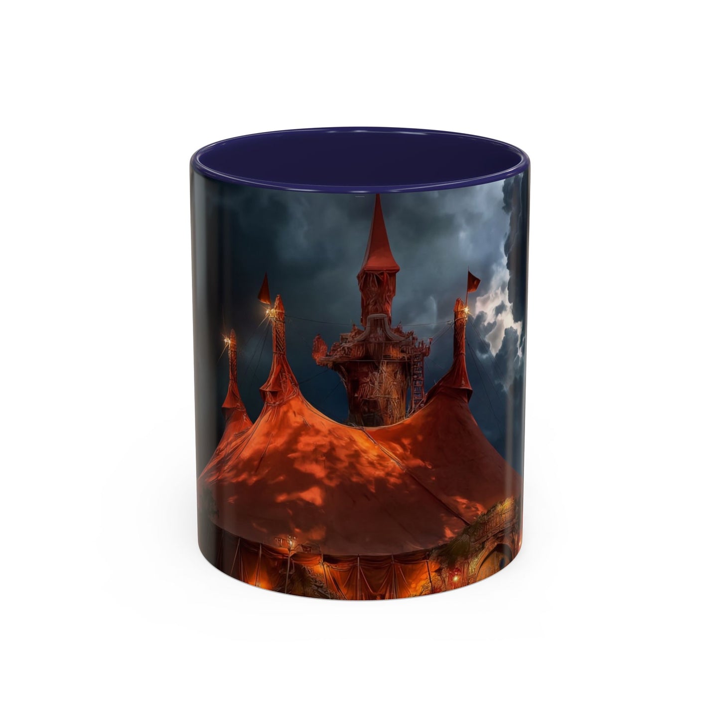 Crimson Circus Tent Accent Coffee Mug (11, 15oz) – Neon Nightscape Under Thunderclouds