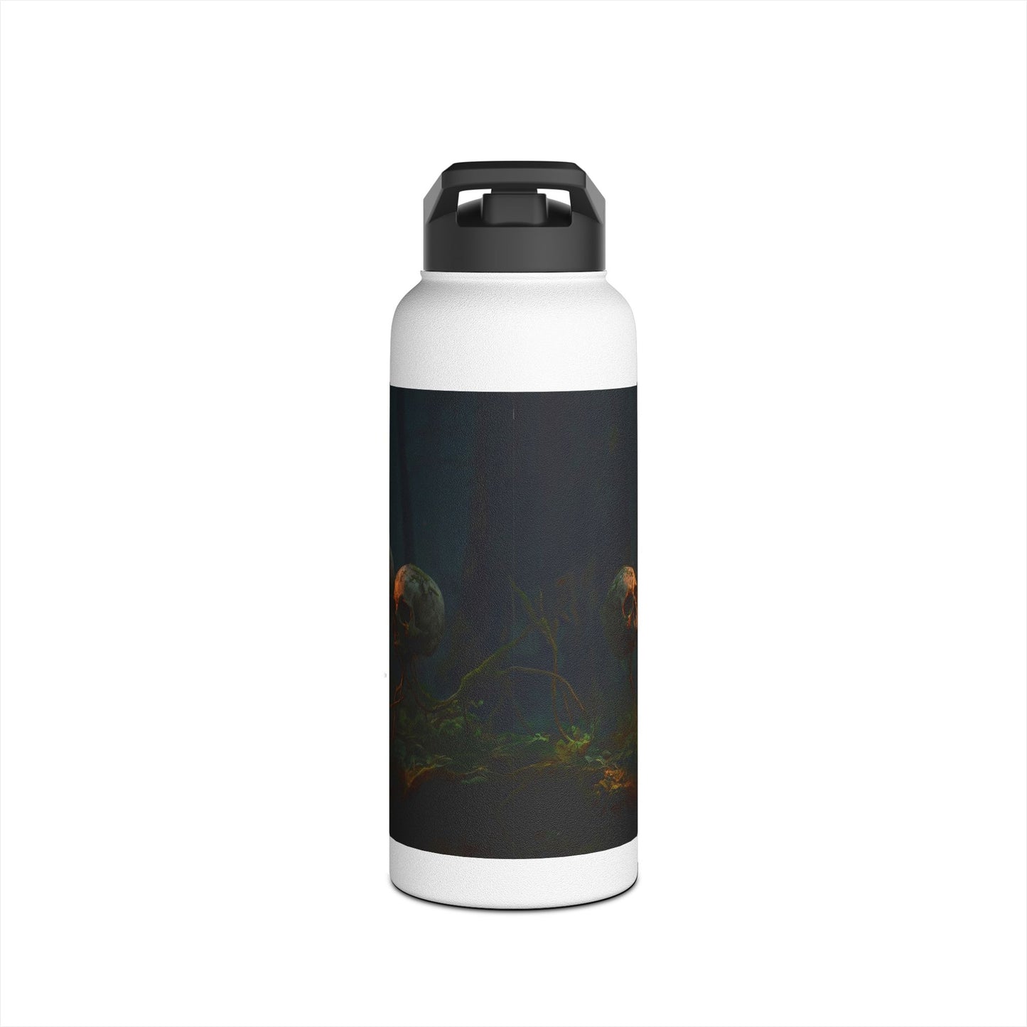 Glowing Lightbulb in Haunted Forest Stainless Steel Water Bottle, Standard Lid – Illuminated Wisdom Among the Ancient Bones