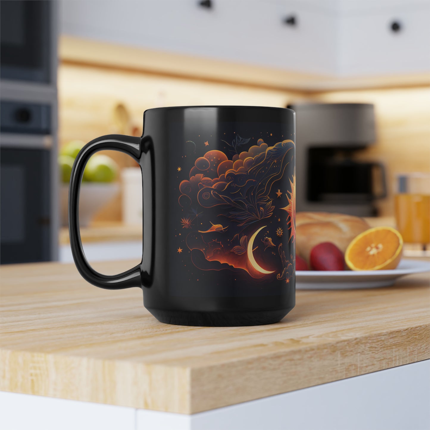 8K, high resolution detailed vector illustration poster, sun, celestial symbols, glowing accents - Mug, Black