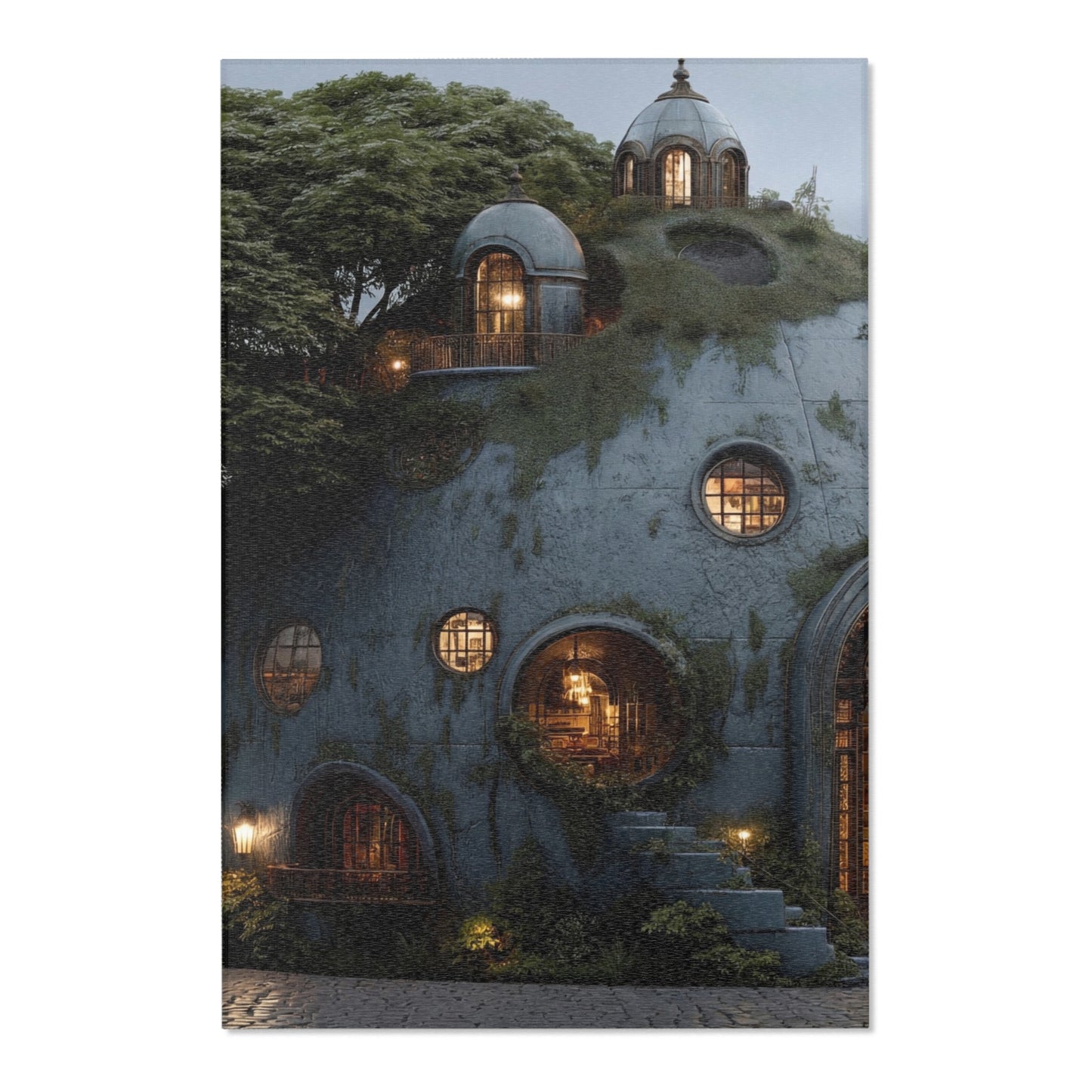 Sky-Rooted Dwelling Area Rug – Moss-Covered Dome House Dreamscape