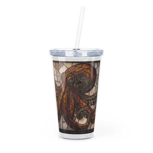 Stained Glass Octopus Plastic Tumbler with Straw – Amber Depths & Iron Lace