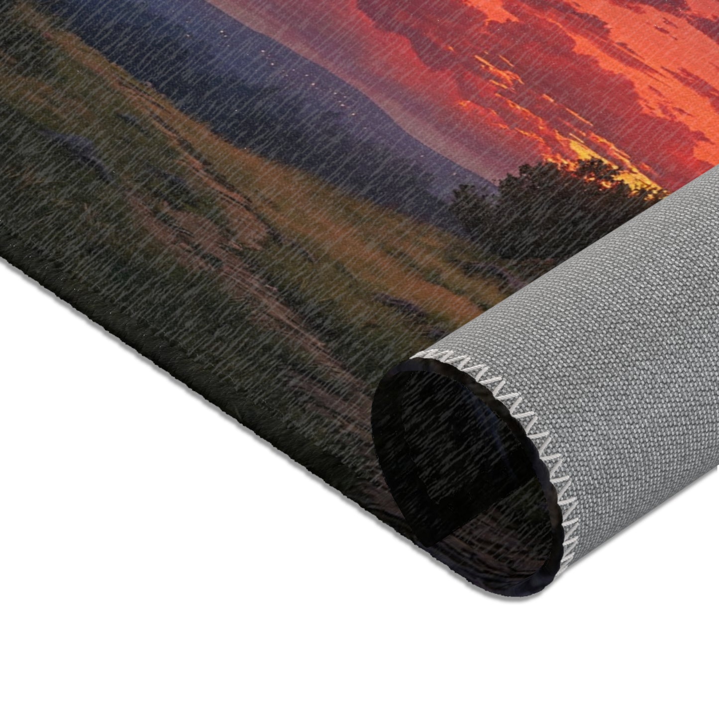 Sunset Sentinel Tower Rug – Warm Glow Over Mountain Path