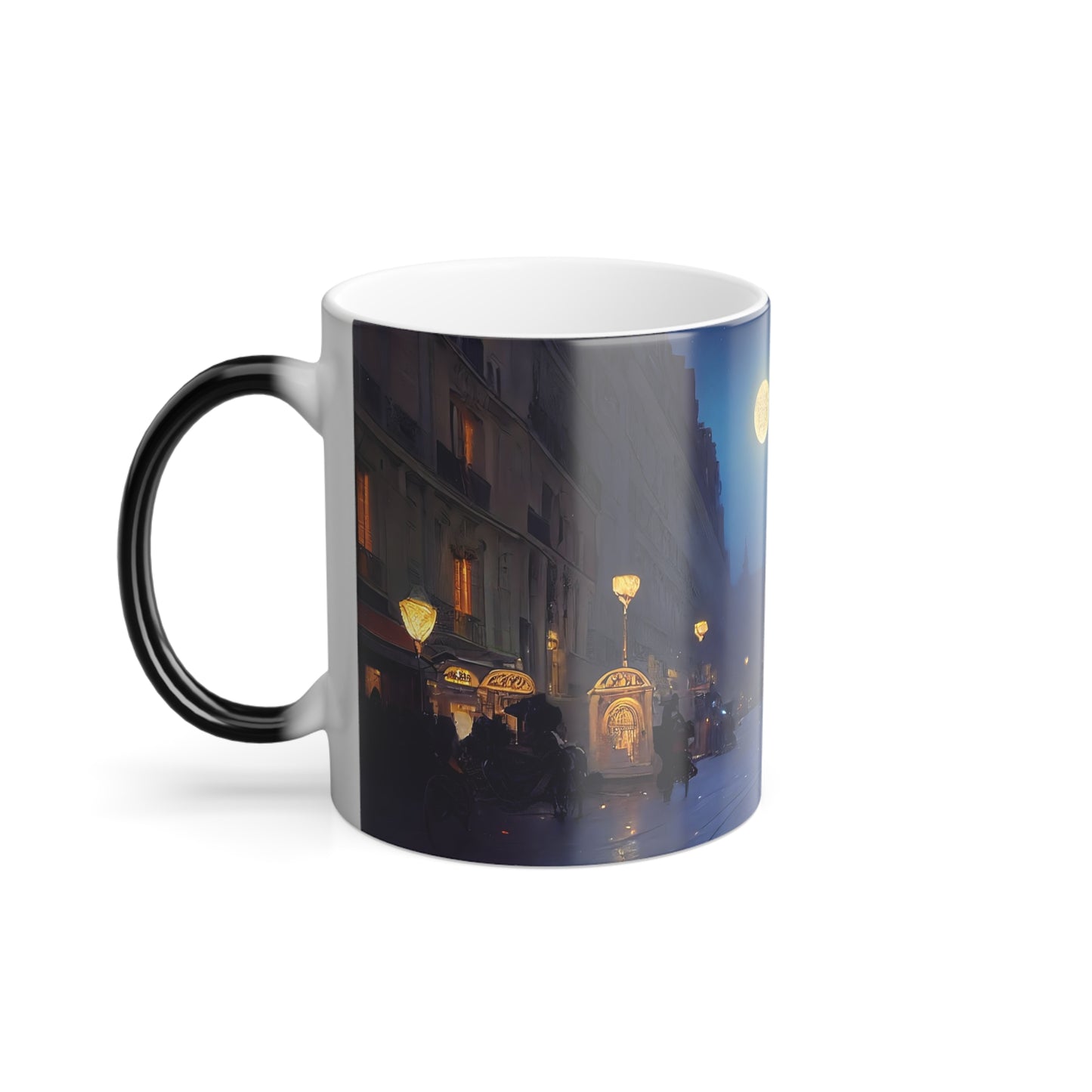 Streets of Paris at night, winter, Glowing lights, moon and stars, Dramatic lighting, Epic composition, Wide angle, by alphonse mucha, maxfield parrish - Color Morphing Mug, 11oz