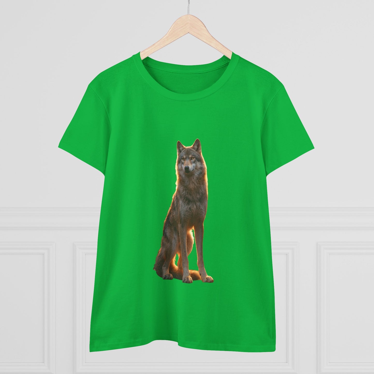 Golden Hour Wolf Women's Midweight Cotton Tee – Sentient Silhouette on Black
