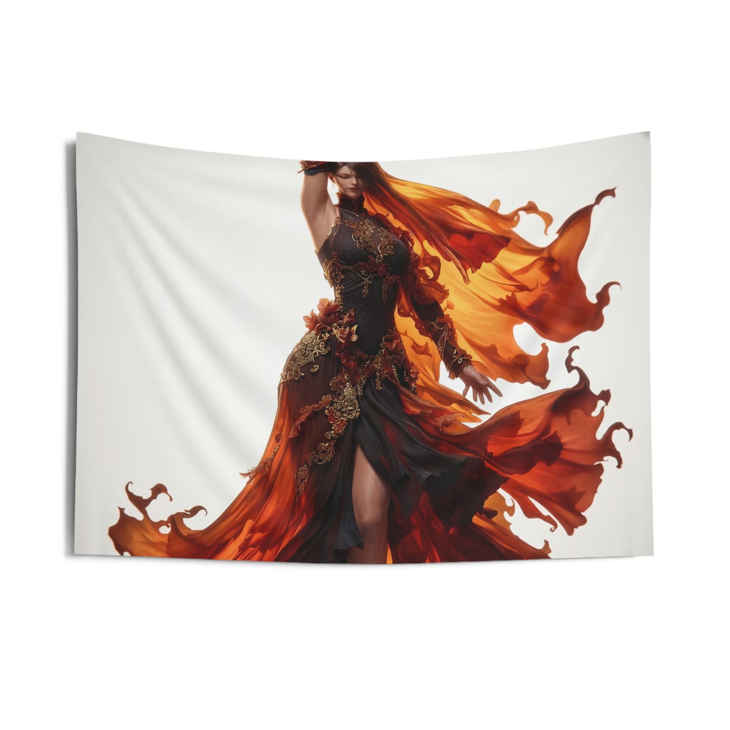 Flame-Dancer Goddess Indoor Wall Tapestries – Crimson Whirlwind Grace