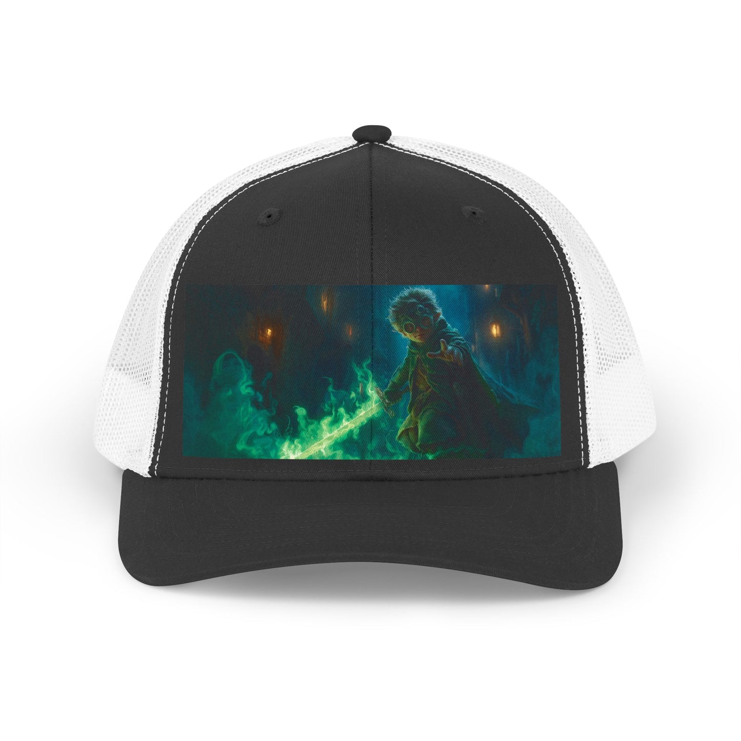 Alchemist Elf Trucker Retro Hat – Green Flame Sword Guardian
