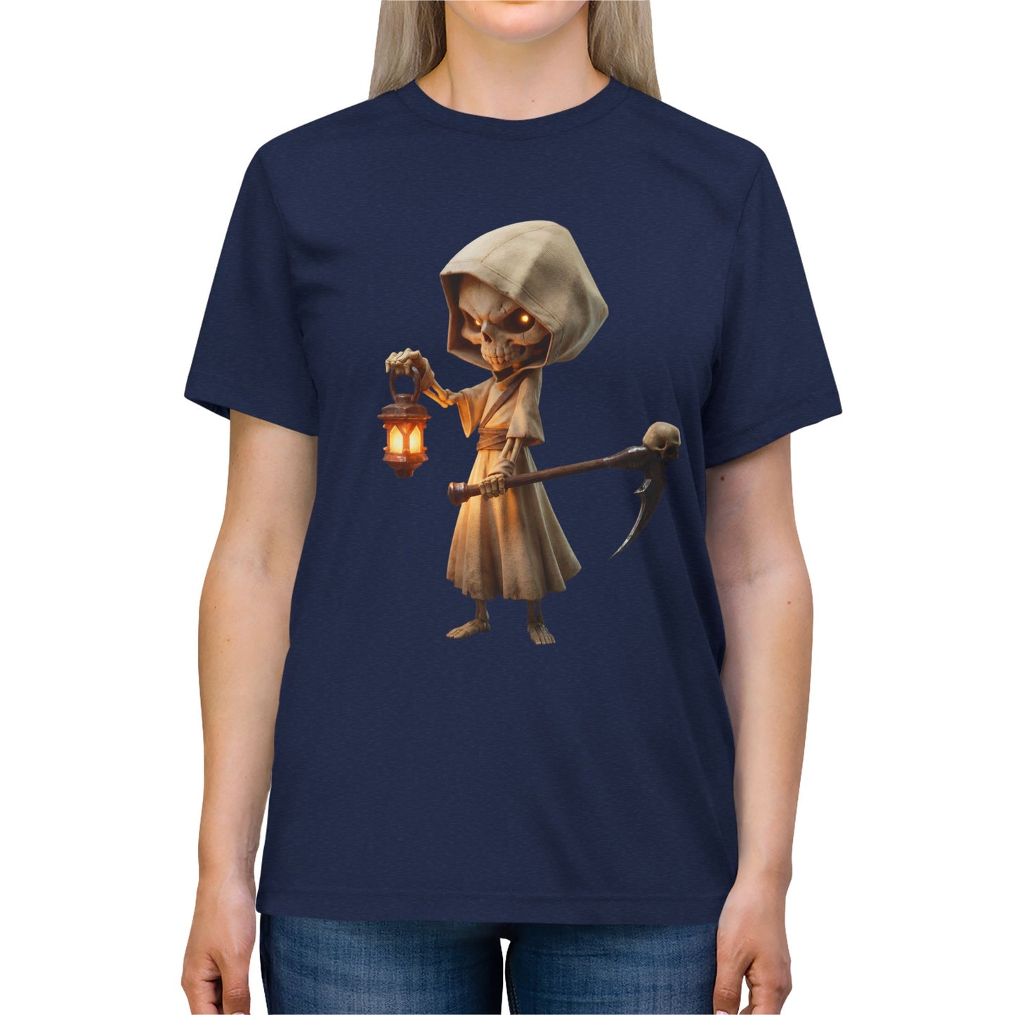Lantern-Wielding Skeleton Hoodie Tee – Warm Glow Guardian Graphic