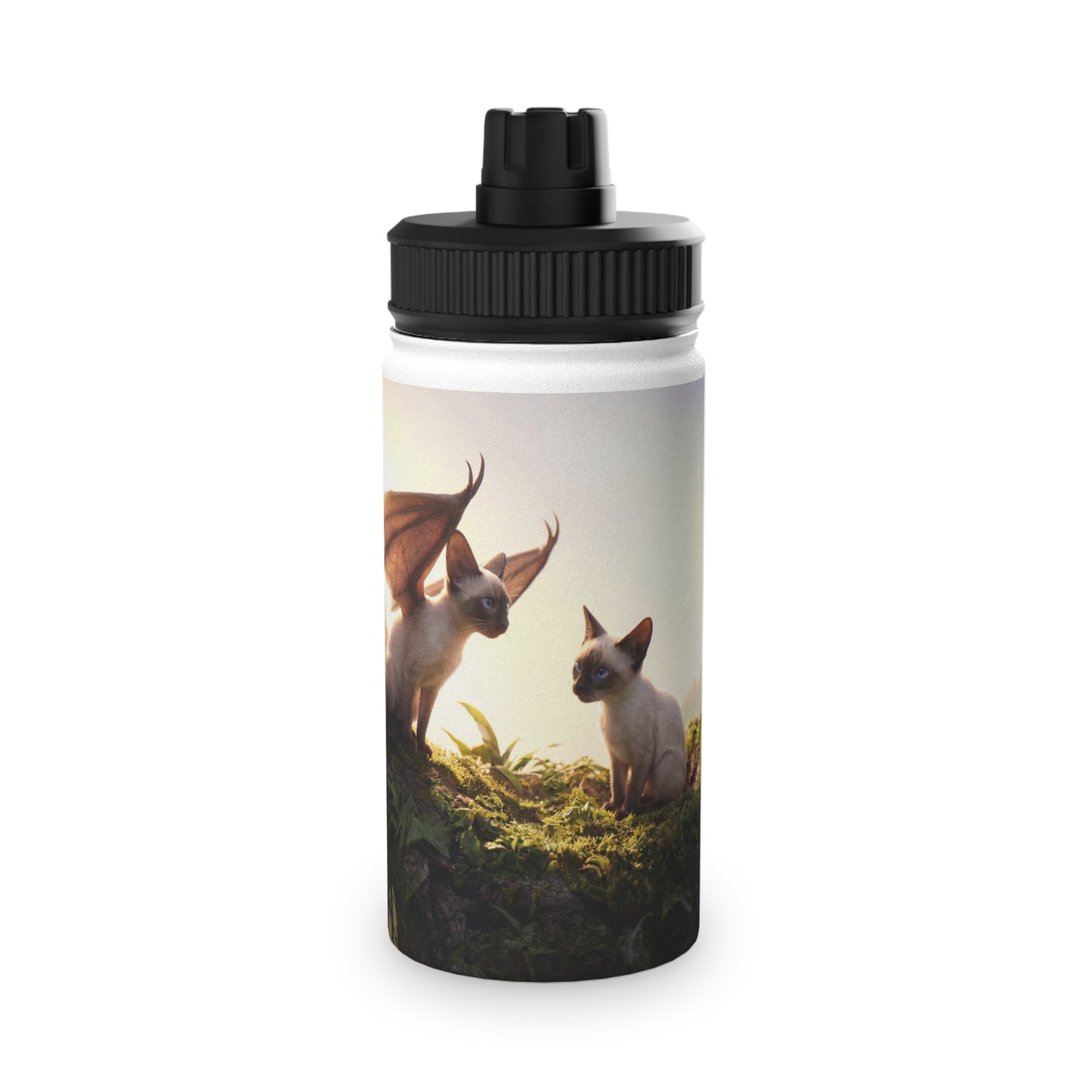 Winged Siamese Kittens Stainless Steel Water Bottle, Sports Lid – Sunlit Grove Whispers