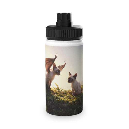 Winged Siamese Kittens Stainless Steel Water Bottle, Sports Lid – Sunlit Grove Whispers
