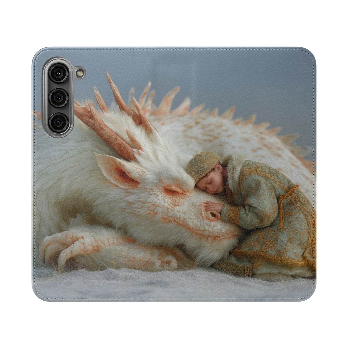 Sleeping Child and Dragon Flip Cases – Snowy Guardian Embrace