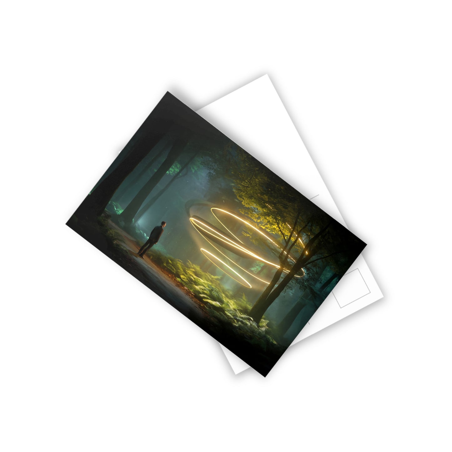 Standing Man Staring at Glowing Rings Postcards (10pcs) – Golden Helix Forest Glimmer