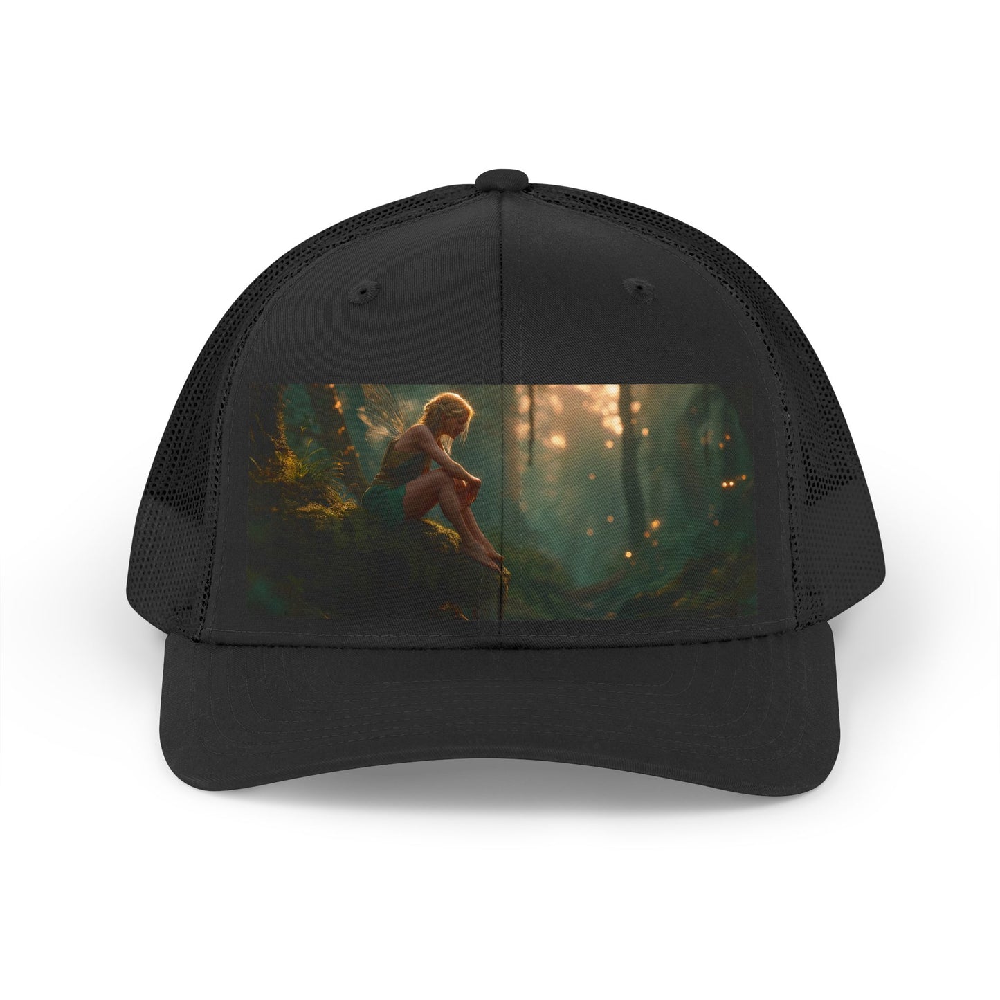 Mossy Bank Fairy Trucker Retro Hat – Golden Twilight Forest Guardian