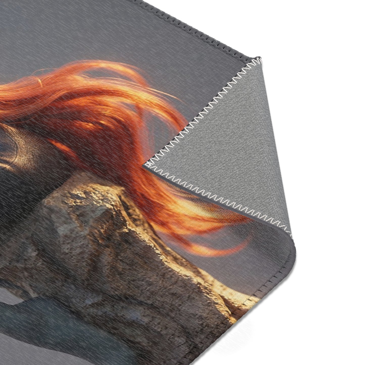 Red-Haired Sentinel Area Rug – Sunset Warrior’s Resting Place
