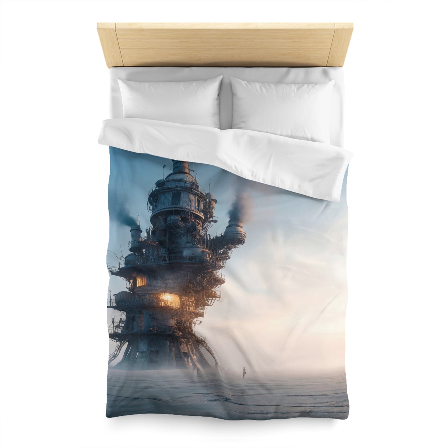 Skyward Steam Tower Microfiber Duvet Cover – A孤独 Sentinel in Dawn’s Hush