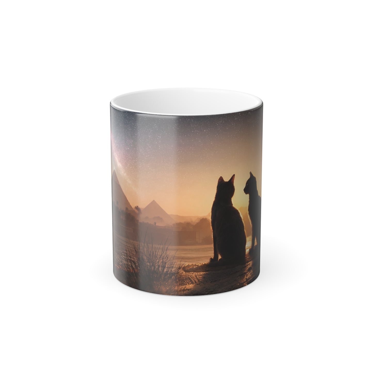 Twin Cats Gazing at Pyramids Color Morphing Mug, 11oz – Desert Stargazers with Milky Way Vista
