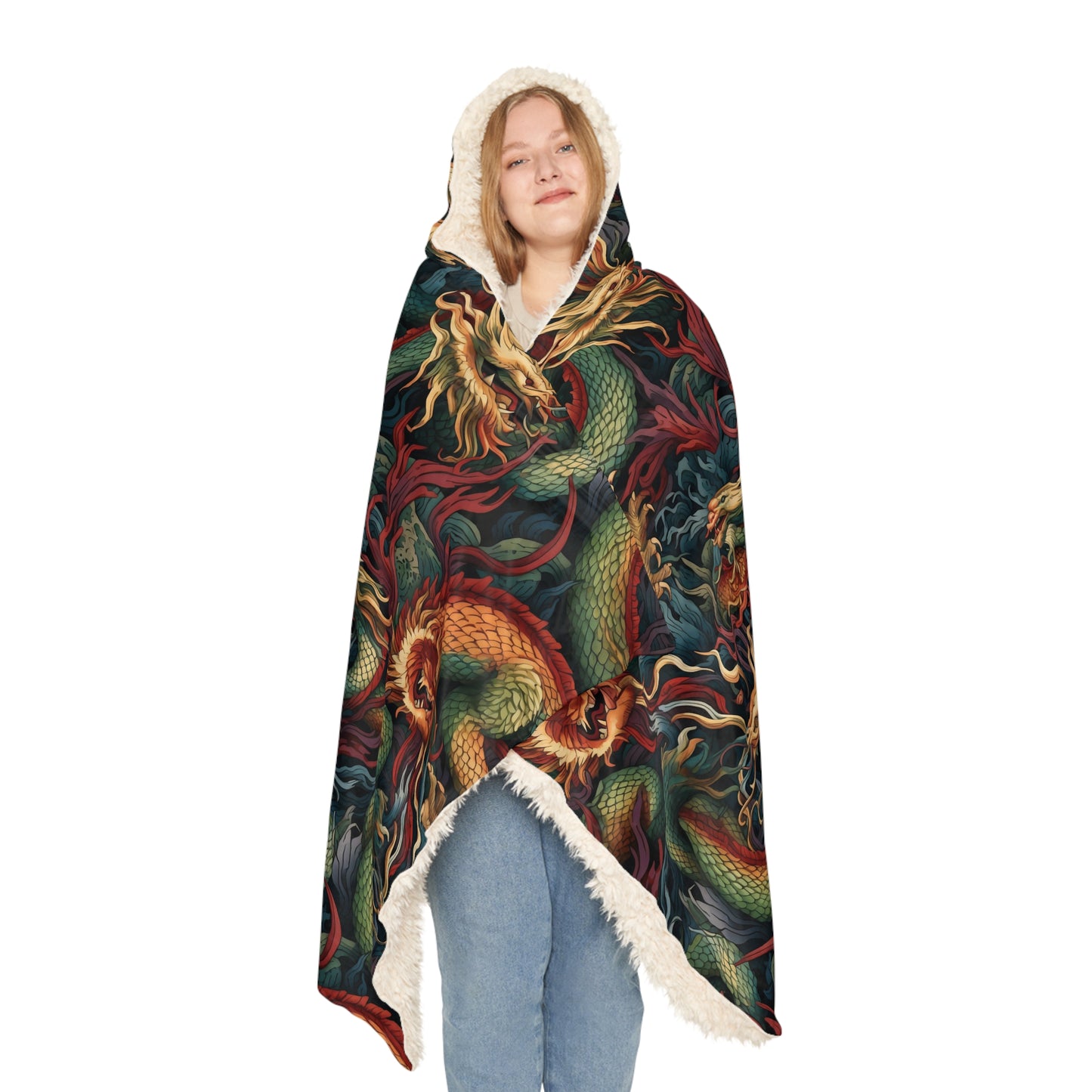 "A detailed pattern of mythical fire creatures, such as dragons, salamanders, and firebirds, depicted in a rich tapestry of garnet, topaz, and deep jade colors." - Snuggle Blanket