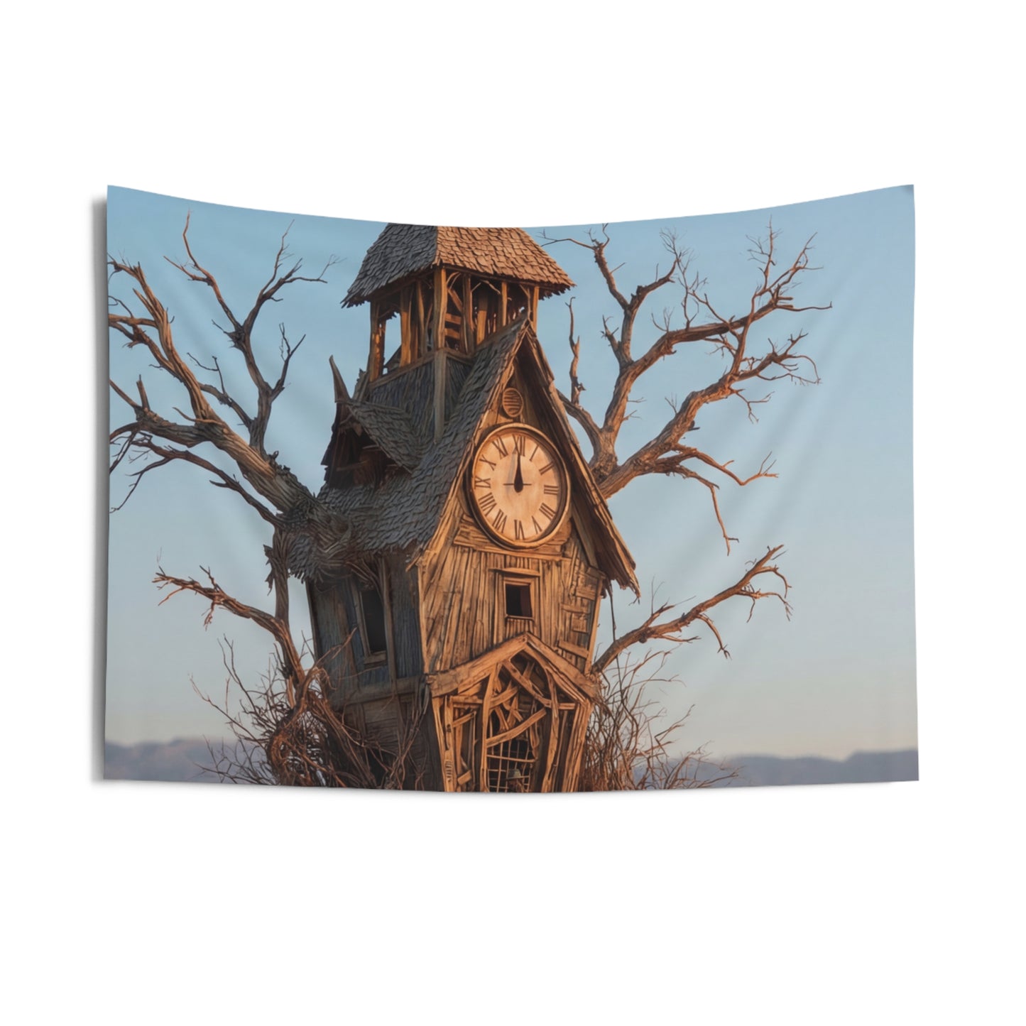 Clock Tower in the Desert Tree Indoor Wall Tapestries – A Quiet Passage Through Time