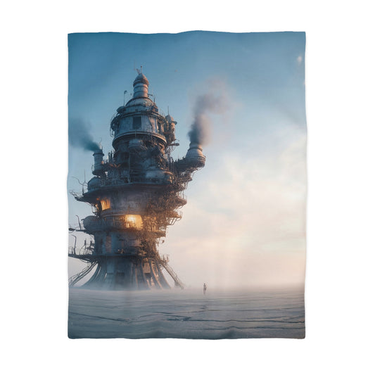 Skyward Steam Tower Microfiber Duvet Cover – A孤独 Sentinel in Dawn’s Hush