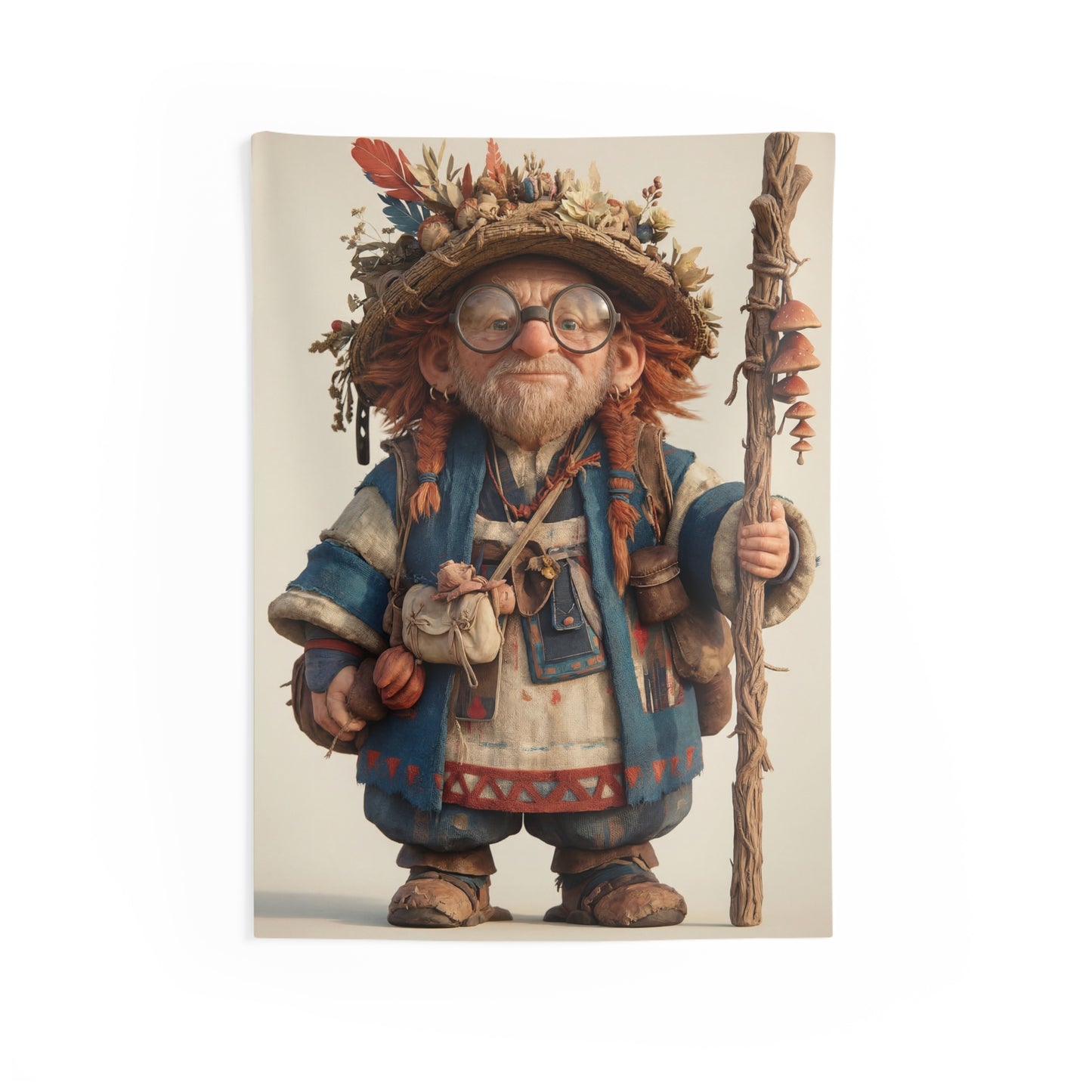 Wandering Herbalist Tapestry – Sunlit Forest Wanderer with Mushroom Staff