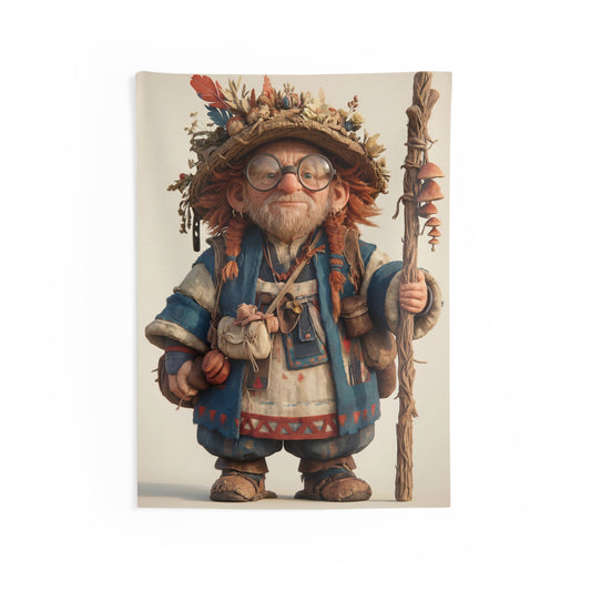 Wandering Herbalist Tapestry – Sunlit Forest Wanderer with Mushroom Staff