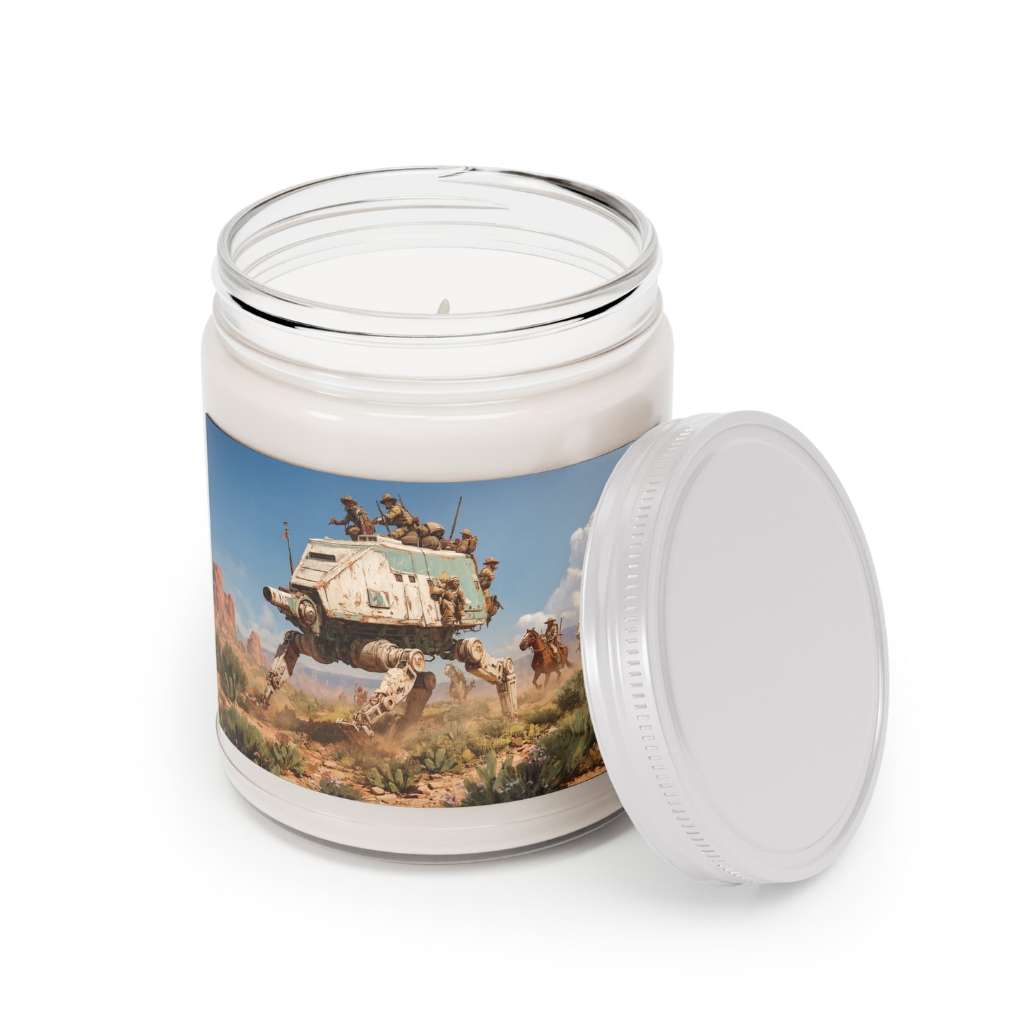 Desert Frontier Walker Candle – Rust-Scraped Mech and Cowboy Sunset