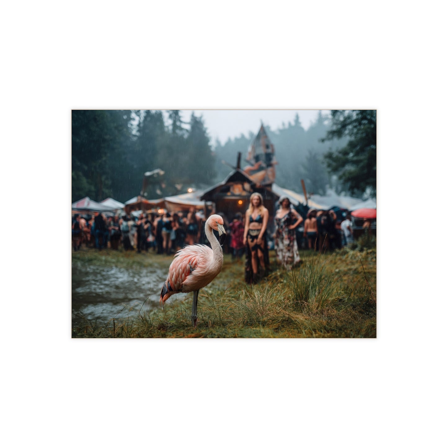 Rain-Slicked Flamingo Ceramic Photo Tile – Gentle Stranger in the Misty Festival