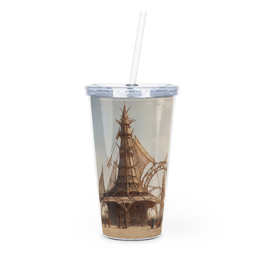 Desert Citadel Plastic Tumbler with Straw – Sun-Kissed Skyport Dreamscape