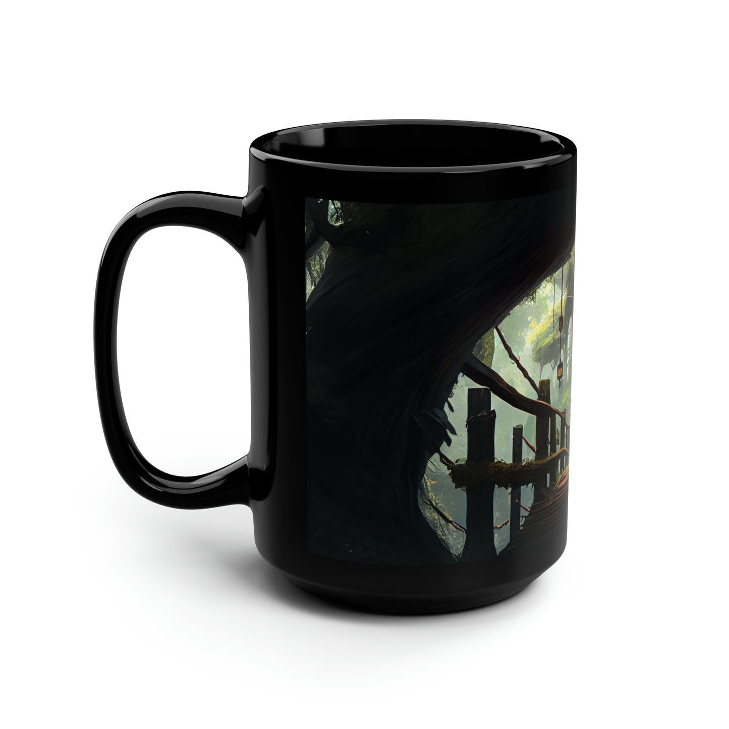 a dnd adventurer standing on a rope bridge between two giant trees among a treetop village in the forest - Mug, Black