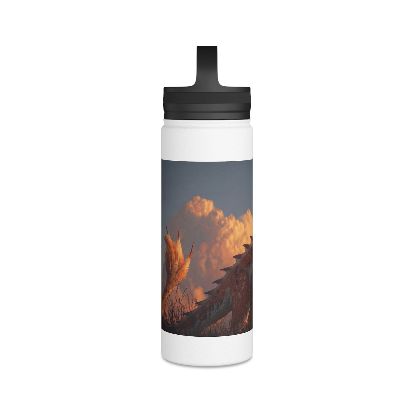 Sunset Guardian Dragon Stainless Steel Water Bottle, Handle Lid – Amber Sky Companion