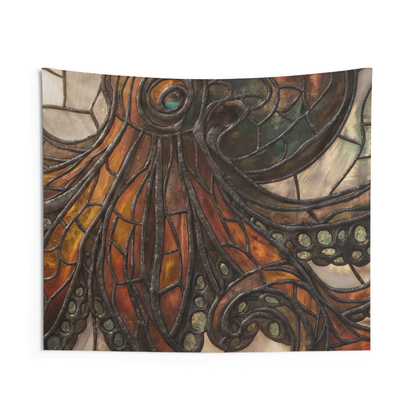 Stained Glass Octopus Wall Tapestry – Amber Tide Guardian
