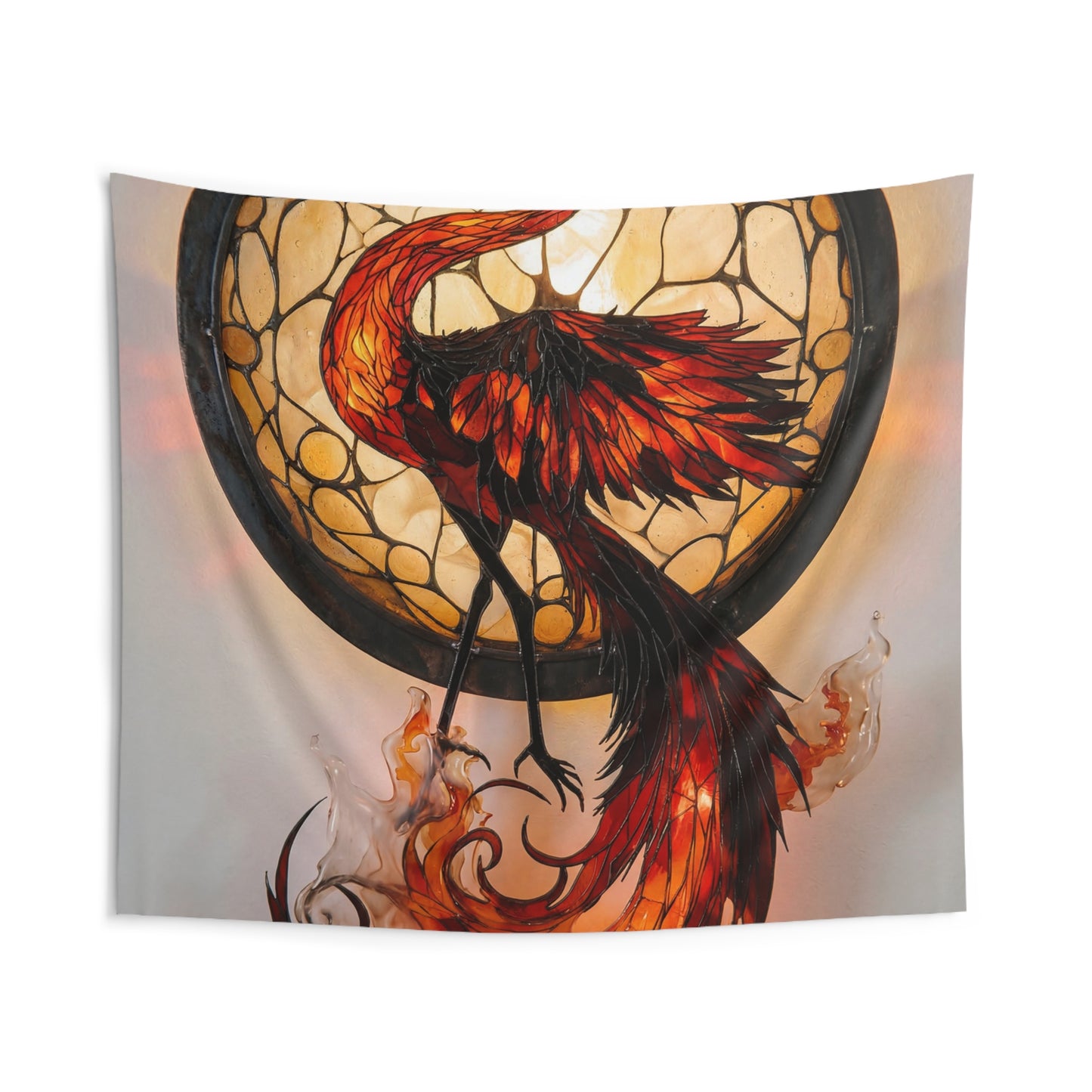 Stained Glass Phoenix Wall Tapestry – Fiery Rebirth Glow Art