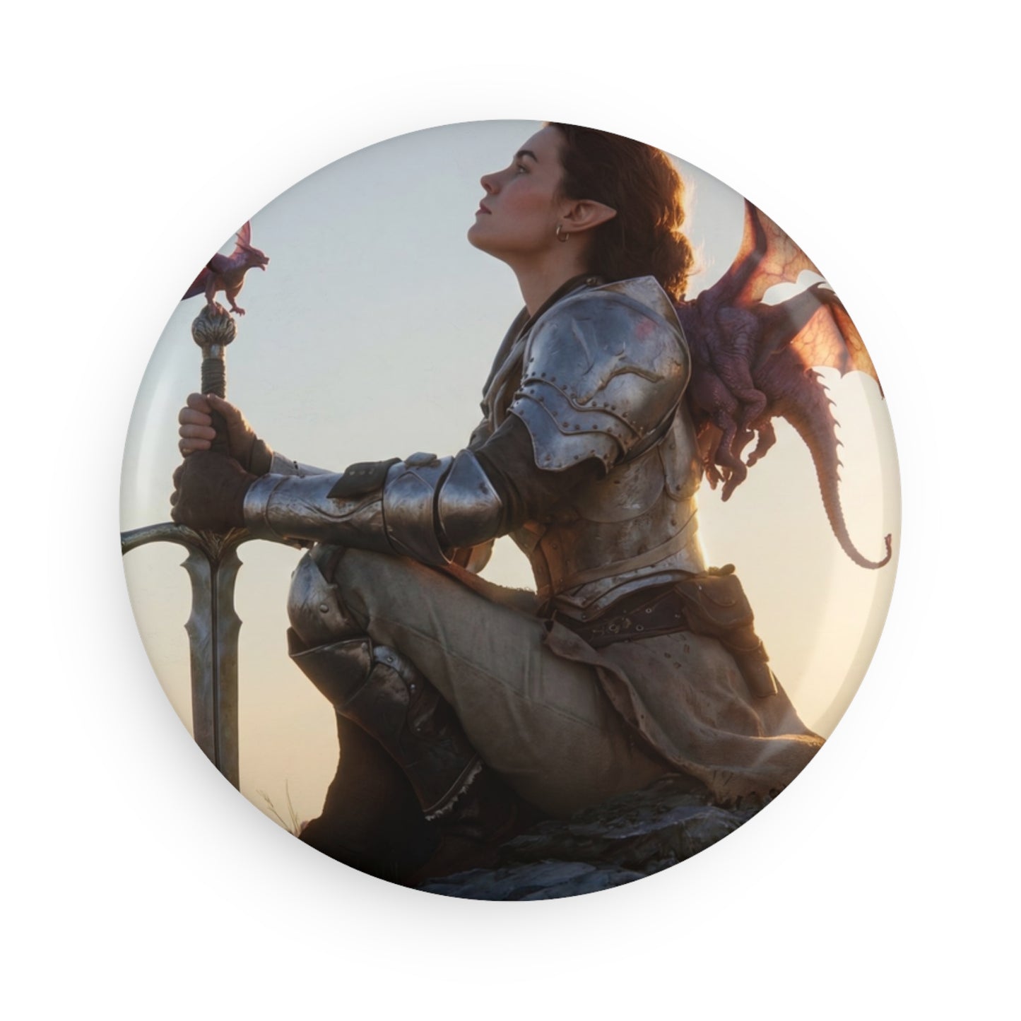 Dragon Rider Sentinel Magnet, Round (1 & 10 pcs) – Sunset Peak and Whispering Wings