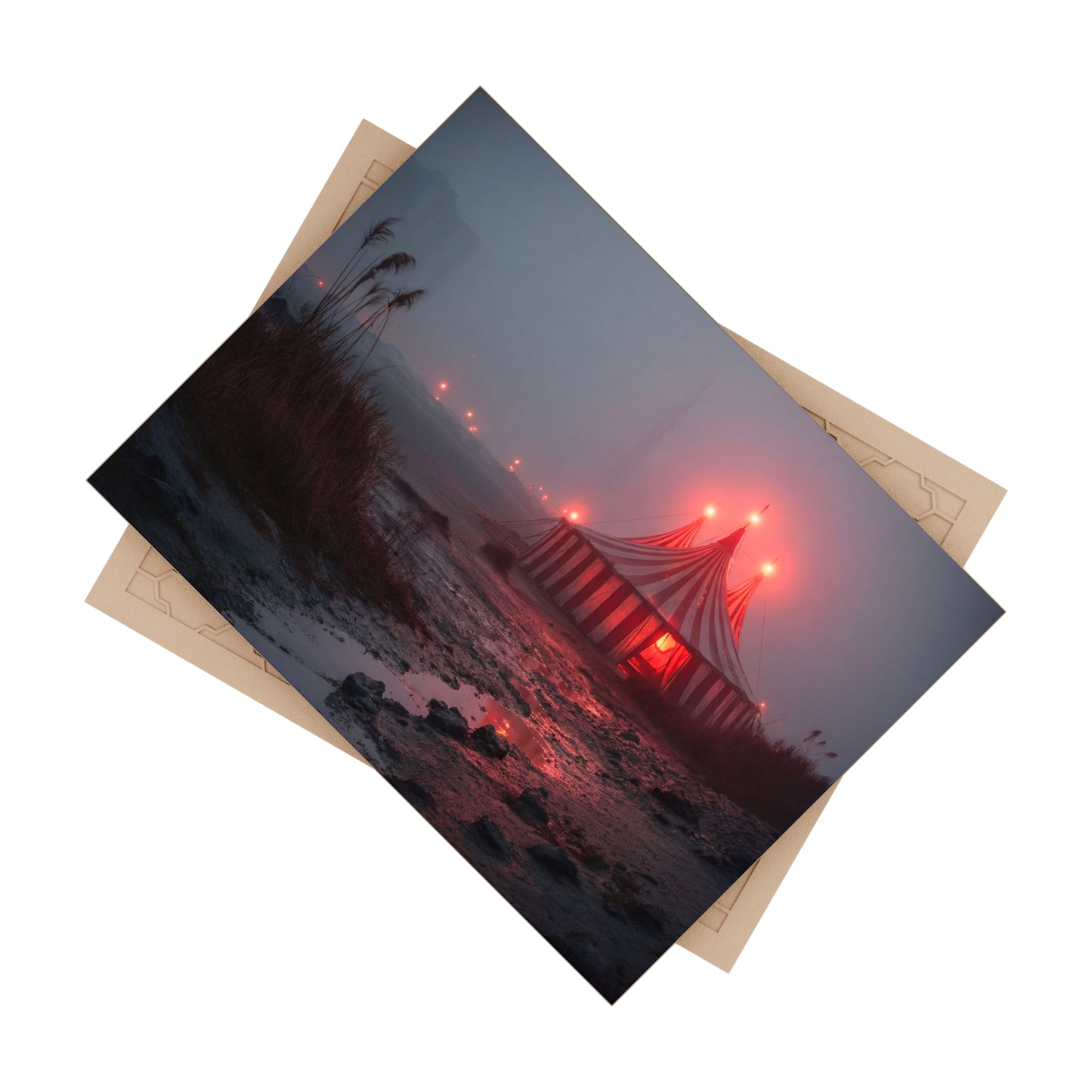 Midnight Circus Tent Ceramic Photo Tile – Glowing Red Canvas in Foggy Twilight