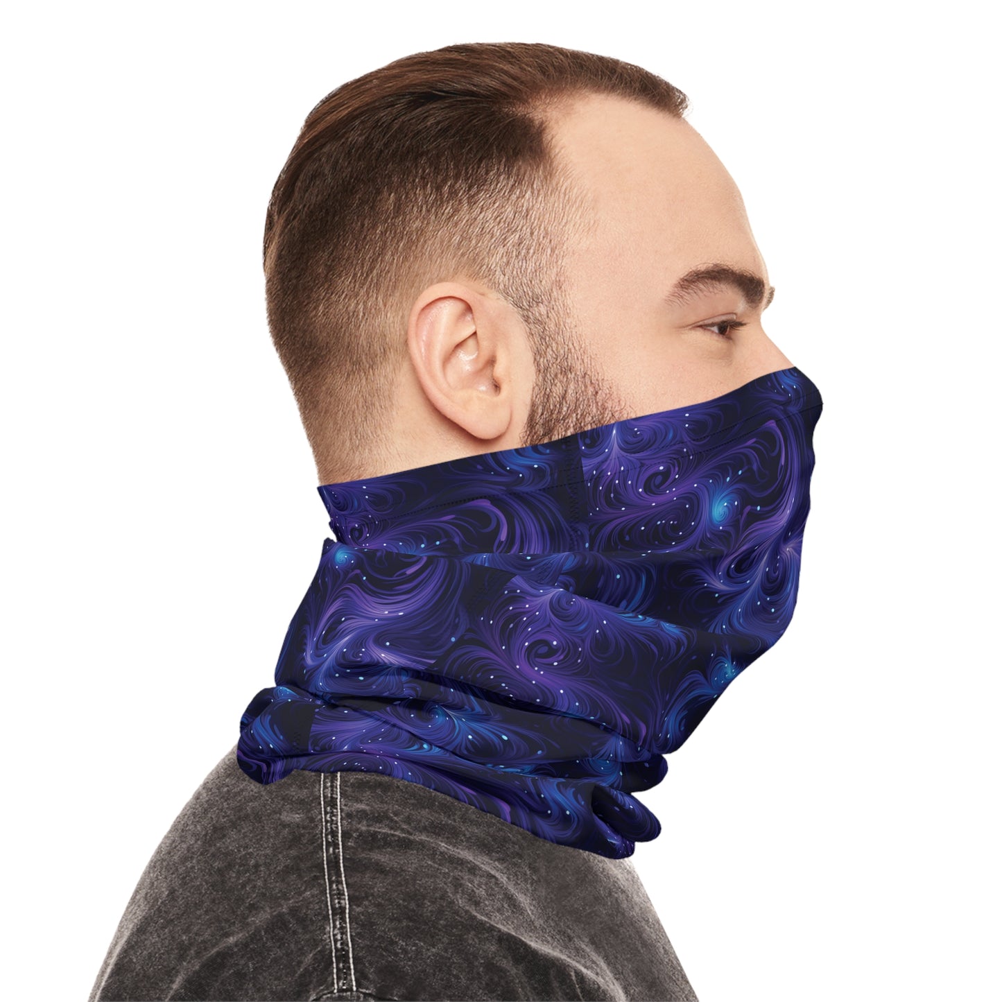 "A tiling pattern of swirling blue and purple fractal shapes reminiscent of galaxy nebulae on a midnight blue background" - Lightweight Neck Gaiter