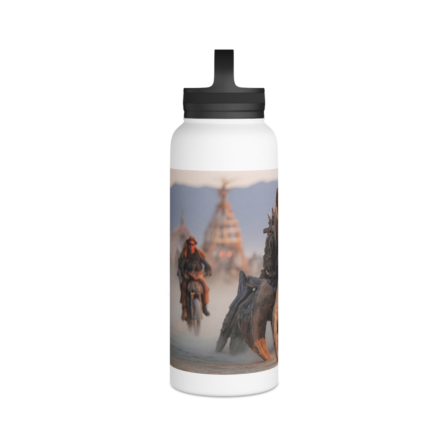Desert Nomad Chariot Water Bottle – Handle Lid – Dust-Swirled Sunset Ride